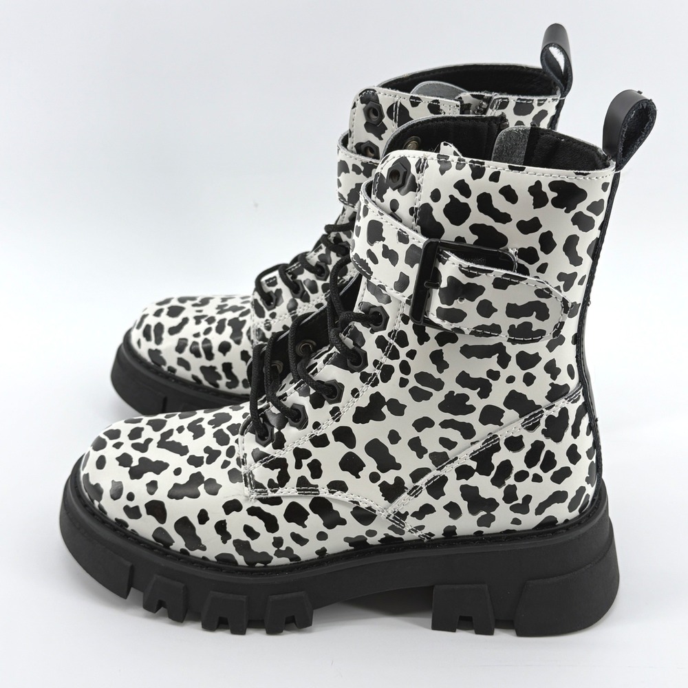 Levis Womens Giselle- Leopard Print Combat Lace Up Boots Shoes‎ Black Cream NEW - Picture 12 of 16